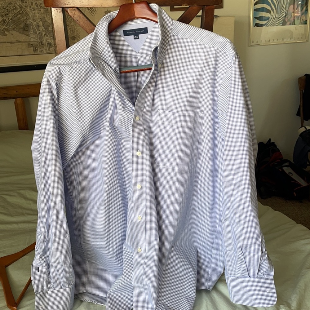 Tommy Hilfiger blue checkered button down shirt, size 16 1/2, 34-35